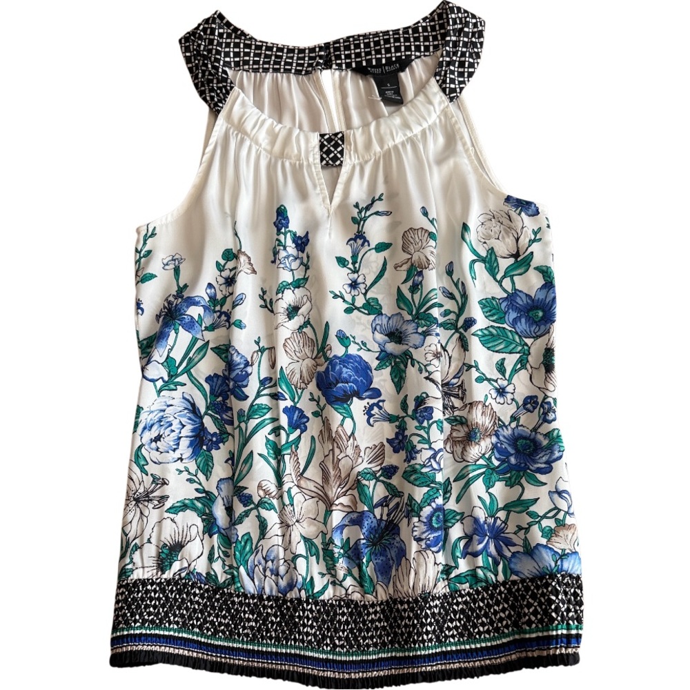 WHITE HOUSE BLACK MARKET WOMENS SLEEVELESS FLORAL TOP BLUE BLACK SIZE SMALL